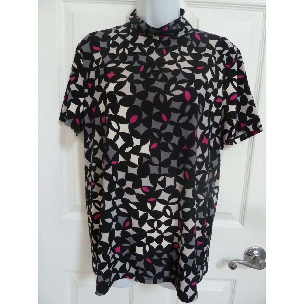Anne Klein Women L Blouse Career Mock Neck Back Zip Short Sleeve Geometric Pink